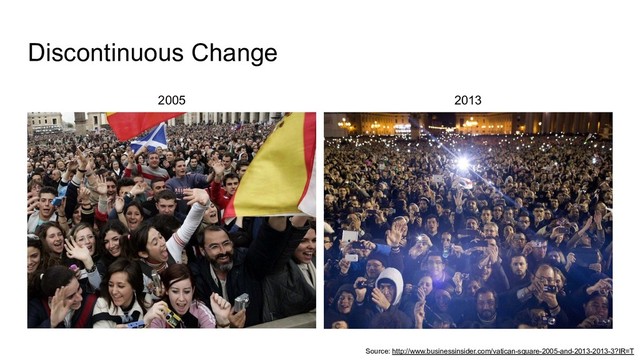Discontinuous Change
2005 2013
Source: http://www.businessinsider.com/vatican-square-2005-and-2013-2013-3?IR=T
