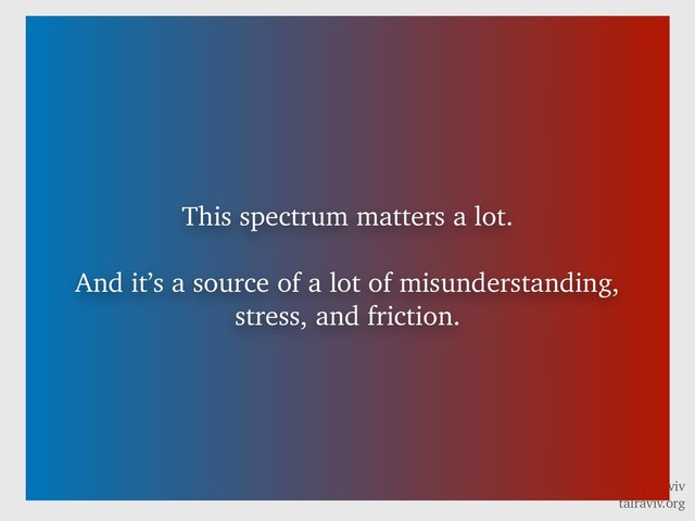 @talraviv
talraviv.org
This spectrum matters a lot.
And it’s a source of a lot of misunderstanding,
stress, and friction.
