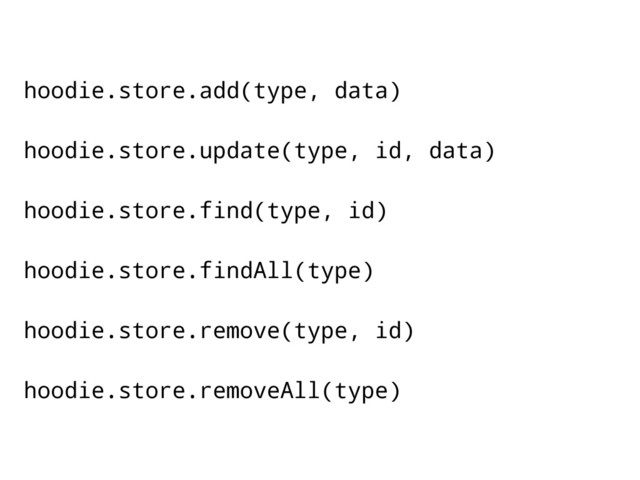 hoodie.store.add(type, data)
hoodie.store.update(type, id, data)
hoodie.store.find(type, id)
hoodie.store.findAll(type)
hoodie.store.remove(type, id)
hoodie.store.removeAll(type)
