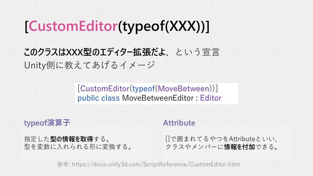 [CustomEditor(typeof(XXX))]
このクラスはXXX型のエディター拡張だよ、という宣言
Unity側に教えてあげるイメージ
指定した型の情報を取得する。
型を変数に入れられる形に変換する。
[]で囲まれてるやつをAttributeといい、
クラスやメンバーに情報を付加できる。
typeof演算子 Attribute
[CustomEditor(typeof(MoveBetween))]
public class MoveBetweenEditor : Editor
参考: https://docs.unity3d.com/ScriptReference/CustomEditor.html
