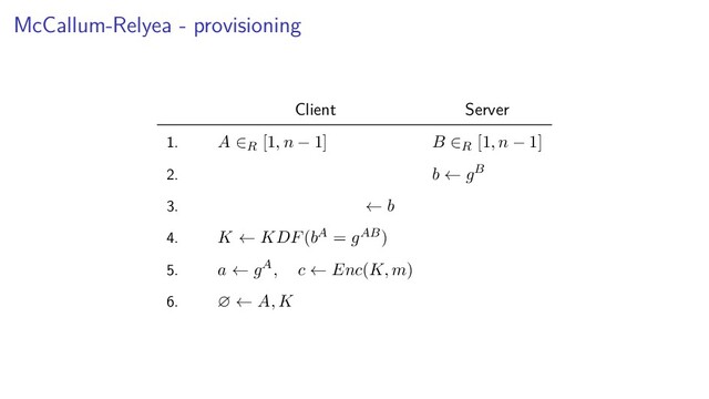 McCallum-Relyea - provisioning
Client Server
1. A ∈R [1, n − 1] B ∈R [1, n − 1]
2. b ← gB
3. ← b
4. K ← KDF(bA = gAB)
5. a ← gA, c ← Enc(K, m)
6. ∅ ← A, K
