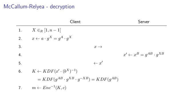 McCallum-Relyea - decryption
Client Server
1. X ∈R [1, n − 1]
2. x ← a · gX = gA · gX
3. x →
4. x ← xB = gAB · gXB
5. ← x
6. K ← KDF(x · (bX)−1)
= KDF(gAB · gXB · g−XB) = KDF(gAB)
7. m ← Enc−1(K, c)
