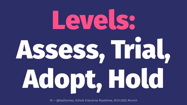 Levels:
Assess, Trial,
Adopt, Hold
10 — @basthomas, GitHub Enterprise Roadshow, 29.01.2020, Munich
