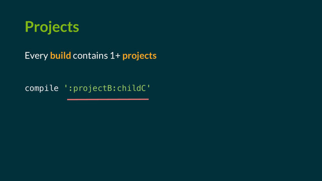 Projects
Every build contains 1+ projects
compile ':projectB:childC'
