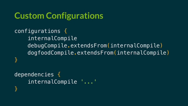 Custom Configurations
configurations {
internalCompile
debugCompile.extendsFrom(internalCompile)
dogfoodCompile.extendsFrom(internalCompile)
}
dependencies {
internalCompile '...'
}

