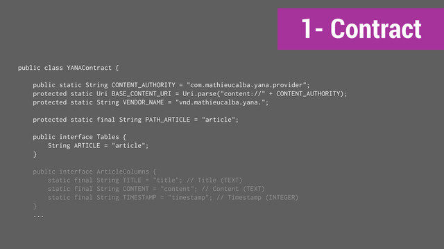 1- Contract
public class YANAContract {
public static String CONTENT_AUTHORITY = "com.mathieucalba.yana.provider";
protected static Uri BASE_CONTENT_URI = Uri.parse("content://" + CONTENT_AUTHORITY);
protected static String VENDOR_NAME = "vnd.mathieucalba.yana.";
protected static final String PATH_ARTICLE = "article";
public interface Tables {
String ARTICLE = "article";
}
public interface ArticleColumns {
static final String TITLE = "title"; // Title (TEXT)
static final String CONTENT = "content"; // Content (TEXT)
static final String TIMESTAMP = "timestamp"; // Timestamp (INTEGER)
}
...
