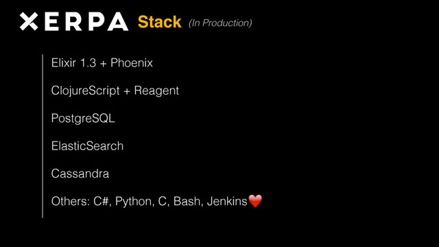 Stack
Elixir 1.3 + Phoenix
ClojureScript + Reagent
PostgreSQL
ElasticSearch
Cassandra
Others: C#, Python, C, Bash, Jenkins
(In Production)
