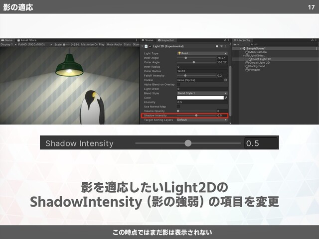 17
影の適応
影を適応したいLight2Dの
ShadowIntensity (影の強弱) の項目を変更
この時点ではまだ影は表示されない
