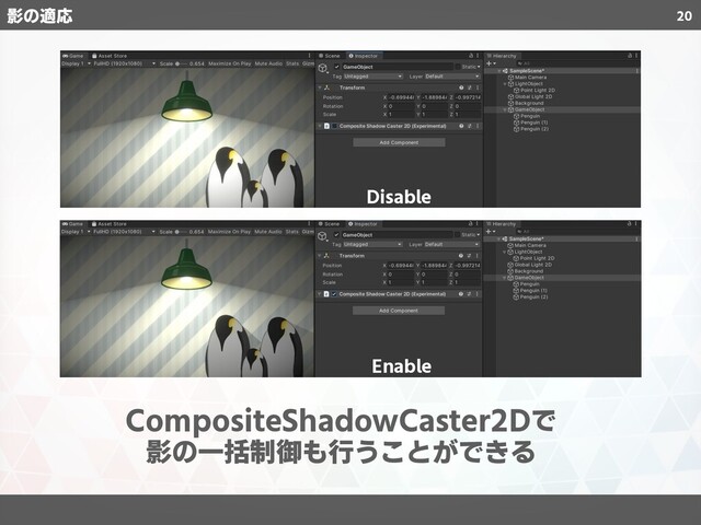 20
CompositeShadowCaster2Dで 
影の一括制御も行うことができる
Disable
Enable
影の適応

