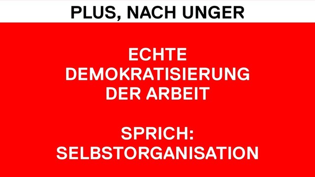 ECHTE  
DEMOKRATISIERUNG
DER ARBEIT
SPRICH:
SELBSTORGANISATION
PLUS, NACH UNGER
