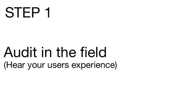 Audit in the ﬁeld
(Hear your users experience)
STEP 1
