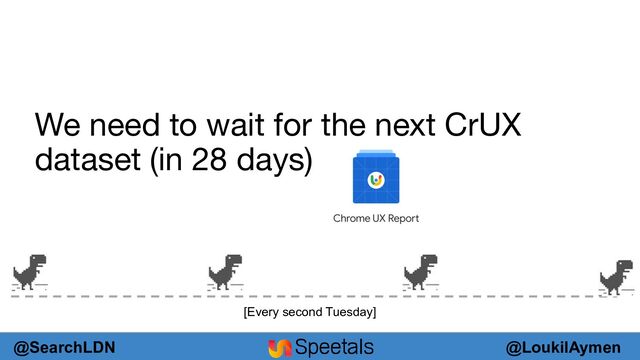 @LoukilAymen
@SearchLDN
We need to wait for the next CrUX
dataset (in 28 days)
[Every second Tuesday]
