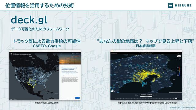 ©Project PLATEAU / MLIT Japan
位置情報を活用するための技術
deck.gl
データ可視化のためのフレームワーク
https://next.carto.com https://vdata.nikkei.com/newsgraphics/land-value-map/
トラック群による電力供給の可能性
CARTO, Google
“あなたの街の地価は？　マップで見る上昇と下落”
日本経済新聞
