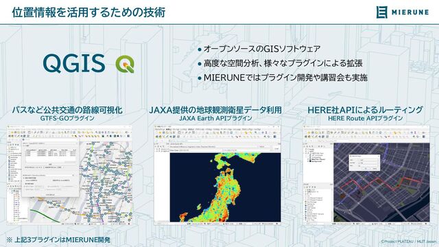 ©Project PLATEAU / MLIT Japan
位置情報を活用するための技術
QGIS ● オープンソースのGISソフトウェア
● 高度な空間分析、様々なプラグインによる拡張
● MIERUNEではプラグイン開発や講習会も実施
バスなど公共交通の路線可視化
GTFS-GOプラグイン
JAXA提供の地球観測衛星データ利用
JAXA Earth APIプラグイン
HERE社APIによるルーティング
HERE Route APIプラグイン
※ 上記3プラグインはMIERUNE開発
