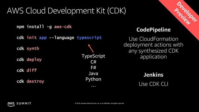 © 2019, Amazon Web Services, Inc. or its affiliates. All rights reserved.
S U M M I T
AWS Cloud Development Kit (CDK)
npm install -g aws-cdk
cdk init app --language typescript
cdk synth
cdk deploy
cdk diff
cdk destroy
CodePipeline
Use CloudFormation
deployment actions with
any synthesized CDK
application
Jenkins
Use CDK CLI
D
eveloper
Preview
TypeScript
C#
F#
Java
Python
…
