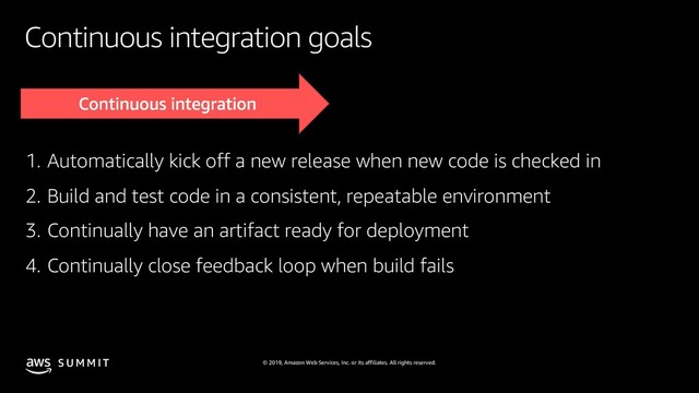 © 2019, Amazon Web Services, Inc. or its affiliates. All rights reserved.
S U M M I T
Continuous integration goals
1. Automatically kick off a new release when new code is checked in
2. Build and test code in a consistent, repeatable environment
3. Continually have an artifact ready for deployment
4. Continually close feedback loop when build fails
