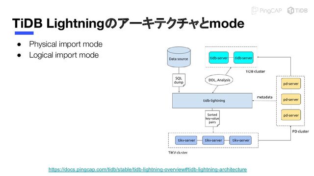 https://docs.pingcap.com/tidb/stable/tidb-lightning-overview#tidb-lightning-architecture
TiDB Lightningのアーキテクチャとmode
● Physical import mode
● Logical import mode
