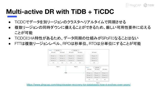 Multi-active DR with TiDB + TiCDC
● TiCDCでデータを別リージョンのクラスタへリアルタイムで同期させる
● 複数リージョンの同時ダウンに備えることができるため、厳しい可用性要件に応える
ことが可能
● TiCDCにHA特性があるため、データ同期の仕組みがSPoFになることはない
● FTTは複数リージョンレベル、RPOは秒単位、RTOは分単位にすることが可能
https://www.pingcap.com/blog/disaster-recovery-for-databases-how-it-evolves-over-years/
