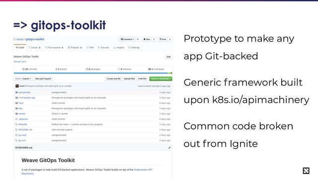 14
=> gitops-toolkit
Prototype to make any
app Git-backed
Generic framework built
upon k8s.io/apimachinery
Common code broken
out from Ignite
