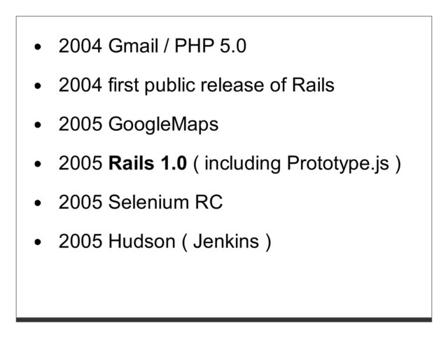 2004 Gmail / PHP 5.0
2004 first public release of Rails
2005 GoogleMaps
2005 Rails 1.0 ( including Prototype.js )
2005 Selenium RC
2005 Hudson ( Jenkins )
