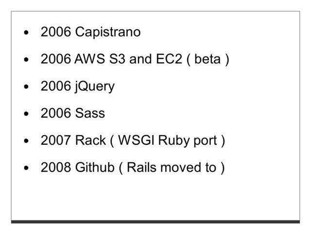 2006 Capistrano
2006 AWS S3 and EC2 ( beta )
2006 jQuery
2006 Sass
2007 Rack ( WSGI Ruby port )
2008 Github ( Rails moved to )
