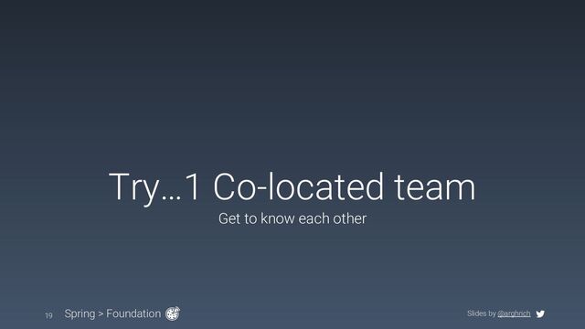 Slides by @arghrich
Try…1 Co-located team
Spring > Foundation
19
Get to know each other
