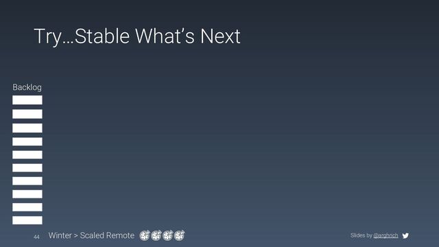 Slides by @arghrich
Try…Stable What’s Next
44 Winter > Scaled Remote
Backlog
