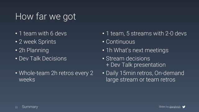 Slides by @arghrich
How far we got
• 1 team with 6 devs
• 2 week Sprints
• 2h Planning
• Dev Talk Decisions
• Whole-team 2h retros every 2
weeks
• 1 team, 5 streams with 2-0 devs
• Continuous
• 1h What’s next meetings
• Stream decisions
+ Dev Talk presentation
• Daily 15min retros, On-demand
large stream or team retros
51 Summary
