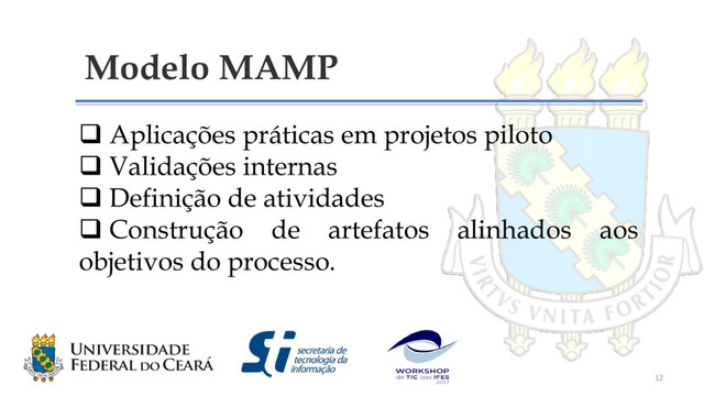 Modelo MAMP
 Aplicações práticas em projetos piloto
 Validações internas
 Definição de atividades
 Construção de artefatos alinhados aos
objetivos do processo.
12
