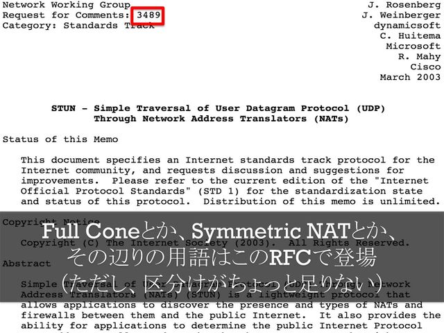 Full Coneとか、Symmetric NATとか、
その辺りの用語はこのRFCで登場
（ただし、区分けがちょっと足りない）
