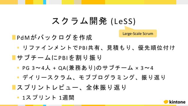 ∎PdMがバックログを作成
§ リファインメントでPBI共有、見積もり、優先順位付け
∎サブチームにPBIを割り振り
§ PG 3〜4人 + QA(兼務あり)のサブチーム × 3〜4
§ デイリースクラム、モブプログラミング、振り返り
∎スプリントレビュー、全体振り返り
§ 1スプリント 1週間
スクラム開発 (LeSS)
Large-Scale Scrum
