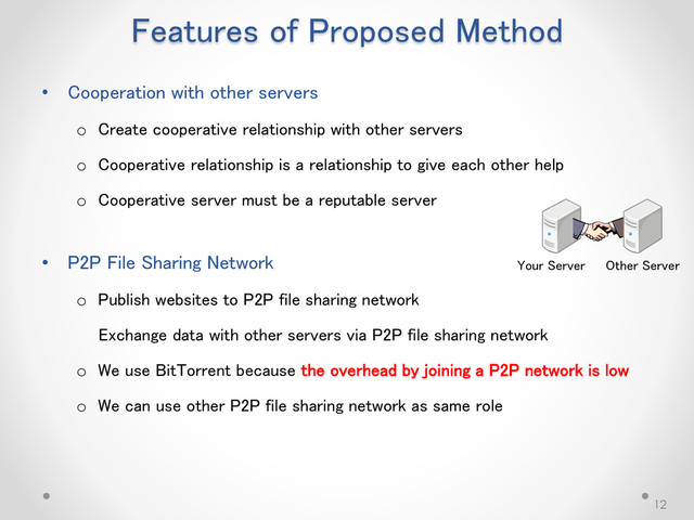 Features of Proposed Method
• Cooperation with other servers
o Create cooperative relationship with other servers
o Cooperative relationship is a relationship to give each other help
o Cooperative server must be a reputable server
• P2P File Sharing Network
o Publish websites to P2P file sharing network
Exchange data with other servers via P2P file sharing network
o We use BitTorrent because the overhead by joining a P2P network is low
o We can use other P2P file sharing network as same role
12
Your Server Other Server

