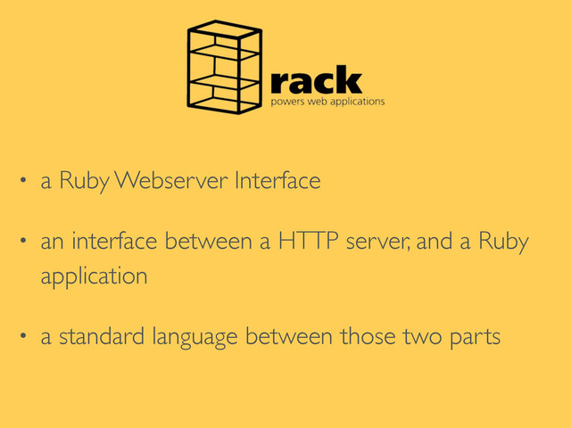 • a Ruby Webserver Interface	

• an interface between a HTTP server, and a Ruby
application	

• a standard language between those two parts
