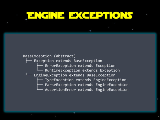 Engine exceptions
BaseException (abstract)
├── Exception extends BaseException
├── ErrorException extends Exception
└── RuntimeException extends Exception
└── EngineException extends BaseException
├── TypeException extends EngineException
├── ParseException extends EngineException
└── AssertionError extends EngineException
