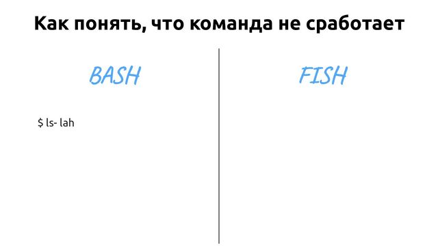 FISH
Как понять, что команда не сработает
$ ls- lah
BASH
