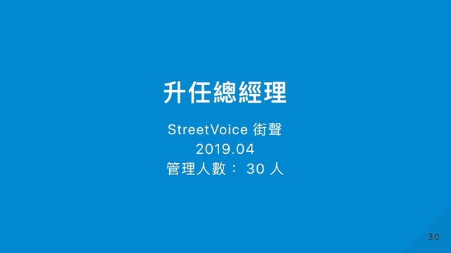 升任總經理
StreetVoice 街聲
2019.04
管理⼈數： 30 ⼈
30
30
