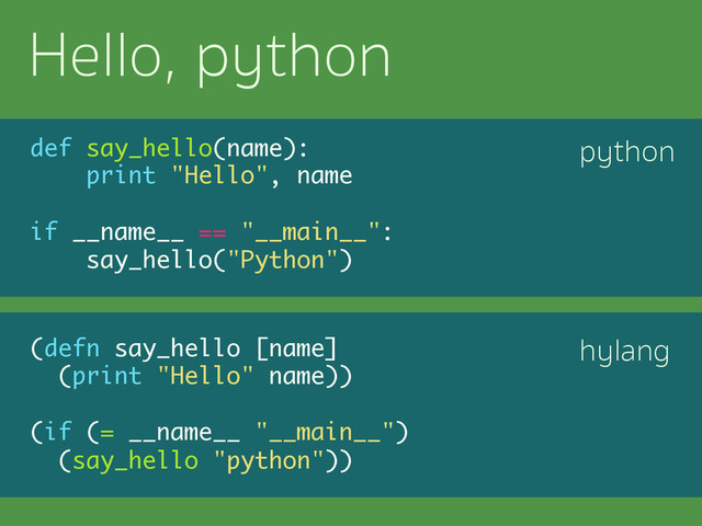def say_hello(name):
print "Hello", name
if __name__ == "__main__":
say_hello("Python")
(defn say_hello [name]
(print "Hello" name))
(if (= __name__ "__main__")
(say_hello "python"))
python
hylang
Hello, python
