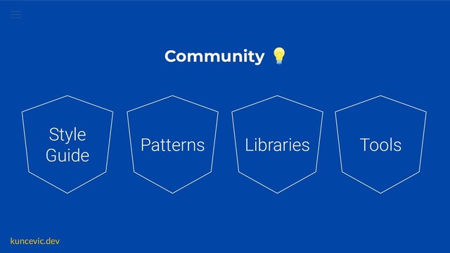 kuncevic.dev
Community 💡
Patterns Libraries Tools
Style
Guide
