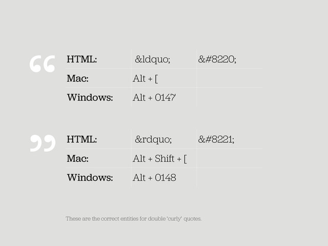 HTML: “ “
Mac: Alt + [
Windows: Alt + 0147
These are the correct entities for double ‘curly’ quotes.
HTML: ” ”
Mac: Alt + Shift + [
Windows: Alt + 0148
“
”
