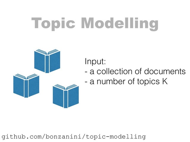 Topic Modelling
Input: 
- a collection of documents
- a number of topics K
github.com/bonzanini/topic-modelling
