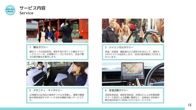サービス内容
Service
15
2 バイリンガルタクシー
英語・中国語・韓国語などの語学力を活かして、海外の
VIPやゲストの送迎をします。社内の語学教育にも力を入
れています。
1 観光タクシー
観光コースは自由自在。東京を知り尽くした観光タクシ
ードライバーが、お客様のニーズに合わせた、自由で贅
沢な東京観光を案内します。
3 マタニティ・マイタクシー
24時間365日対応の専用ダイヤルを用意し、通院や陣痛
時の病院送迎をサポートする社会貢献の高いサービスで
す。
4 空港定額タクシー
羽田空港送迎、成田空港送迎。渋滞などによる所要時間
やコース設定による距離に関係なく、出発地と目的地の
間を固定料金でご利用いただけるサービスです。
