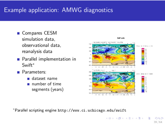 Example application: AMWG diagnostics
Compares CESM
simulation data,
observational data,
reanalysis data
Parallel implementation in
Swift∗
Parameters:
dataset name
number of time
segments (years)
∗Parallel scripting engine http://www.ci.uchicago.edu/swift
39 / 64
