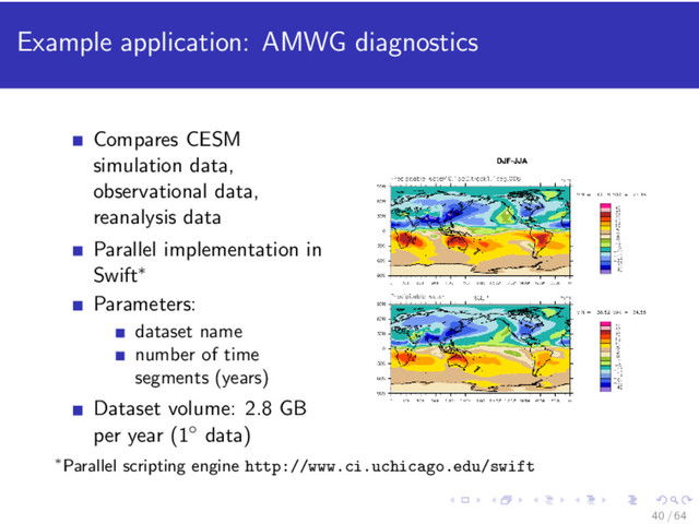 Example application: AMWG diagnostics
Compares CESM
simulation data,
observational data,
reanalysis data
Parallel implementation in
Swift∗
Parameters:
dataset name
number of time
segments (years)
Dataset volume: 2.8 GB
per year (1◦ data)
∗Parallel scripting engine http://www.ci.uchicago.edu/swift
40 / 64
