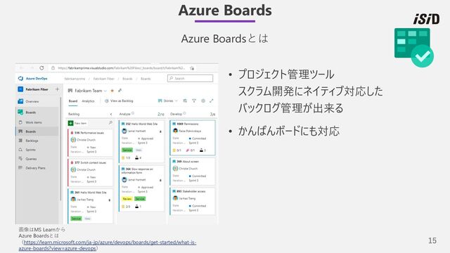 15
• プロジェクト管理ツール
スクラム開発にネイティブ対応した
バックログ管理が出来る
• かんばんボードにも対応
Azure Boards
Azure Boardsとは
画像はMS Learnから
Azure Boardsとは
（https://learn.microsoft.com/ja-jp/azure/devops/boards/get-started/what-is-
azure-boards?view=azure-devops）
