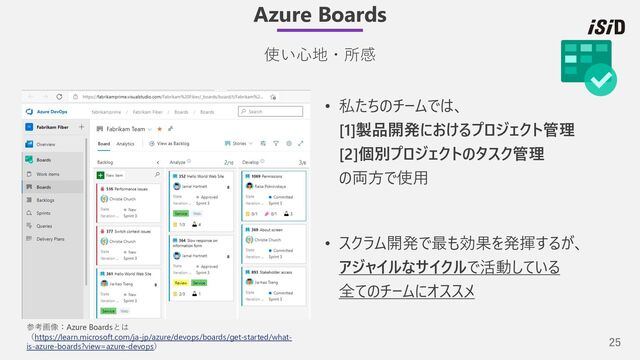 25
• 私たちのチームでは、
[1]製品開発におけるプロジェクト管理
[2]個別プロジェクトのタスク管理
の両⽅で使⽤
• スクラム開発で最も効果を発揮するが、
アジャイルなサイクルで活動している
全てのチームにオススメ
Azure Boards
使い⼼地・所感
参考画像：Azure Boardsとは
（https://learn.microsoft.com/ja-jp/azure/devops/boards/get-started/what-
is-azure-boards?view=azure-devops）
