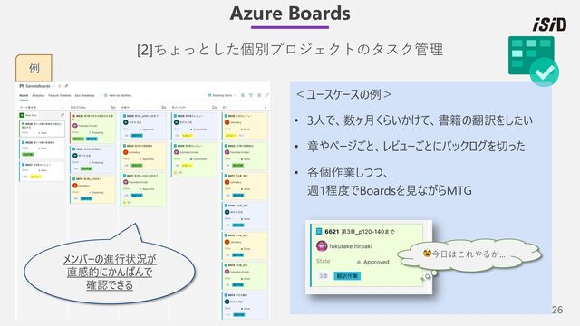26
Azure Boards
[2]ちょっとした個別プロジェクトのタスク管理
＜ユースケースの例＞
• 3⼈で、数ヶ⽉くらいかけて、書籍の翻訳をしたい
• 章やページごと、レビューごとにバックログを切った
• 各個作業しつつ、
週1程度でBoardsを⾒ながらMTG
🥸今⽇はこれやるか…
例
メンバーの進⾏状況が
直感的にかんばんで
確認できる
