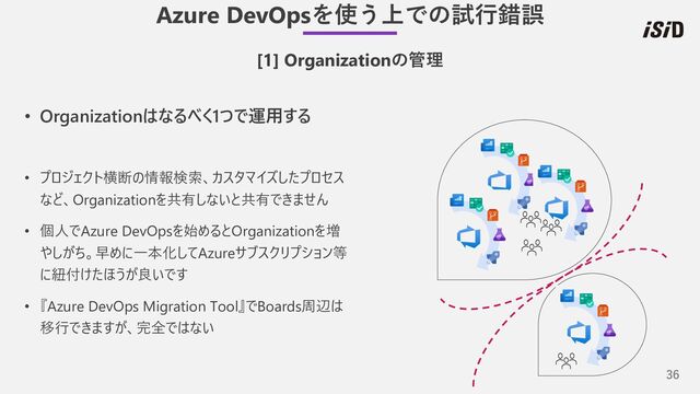 36
• Organizationはなるべく1つで運⽤する
• プロジェクト横断の情報検索、カスタマイズしたプロセス
など、Organizationを共有しないと共有できません
• 個⼈でAzure DevOpsを始めるとOrganizationを増
やしがち。早めに⼀本化してAzureサブスクリプション等
に紐付けたほうが良いです
• 『Azure DevOps Migration Tool』でBoards周辺は
移⾏できますが、完全ではない
Azure DevOpsを使う上での試⾏錯誤
[1] Organizationの管理
