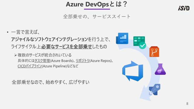 8
• ⼀⾔で⾔えば、
アジャイルなソフトウェアインテグレーションを⾏う上で、
ライフサイクル上必要なサービスを全部乗せしたもの
Ø複数のサービスが統合されいている
具体的にはタスク管理(Azure Boards)、リポジトリ(Azure Repos)、
CICDパイプライン(Azure Pipeline)などなど
全部乗せなので、始めやすく、広げやすい
全部乗せの、サービススイート
Azure DevOpsとは？
