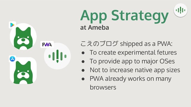 App Strategy
at Ameba
こえのブログ shipped as a PWA:
● To create experimental fetures
● To provide app to major OSes
● Not to increase native app sizes
● PWA already works on many
browsers
