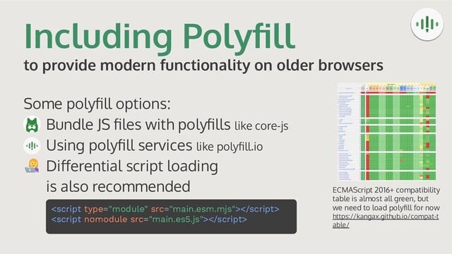 Including Polyﬁll
to provide modern functionality on older browsers
Some polyﬁll options:
Bundle JS ﬁles with polyﬁlls like core-js
Using polyﬁll services like polyﬁll.io
Diﬀerential script loading
is also recommended


ECMAScript 2016+ compatibility
table is almost all green, but
we need to load polyﬁll for now
https://kangax.github.io/compat-t
able/
